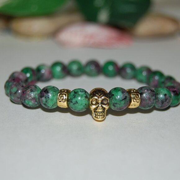 Ruby Zoisite Bracelet,Skull Bracelet,Ruby Golden Skull Bracelet - Picture 2 of 3